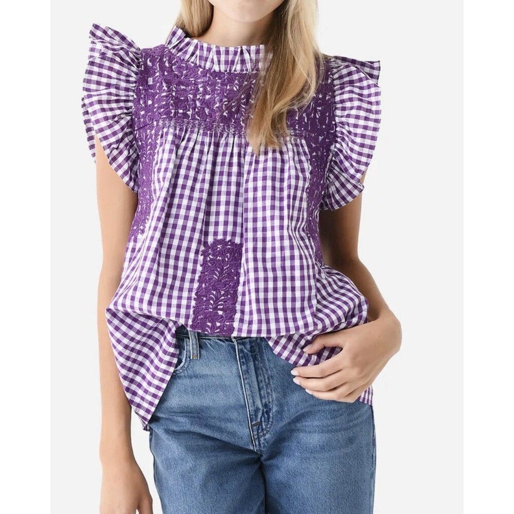 J. Marie Women's The Lilliana Ruffle Neck Top Size S, gingham Purple & white.